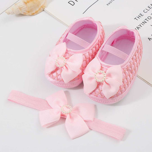 ০-১২ মাস Round Stone Baby Shoes With Headband- Pink